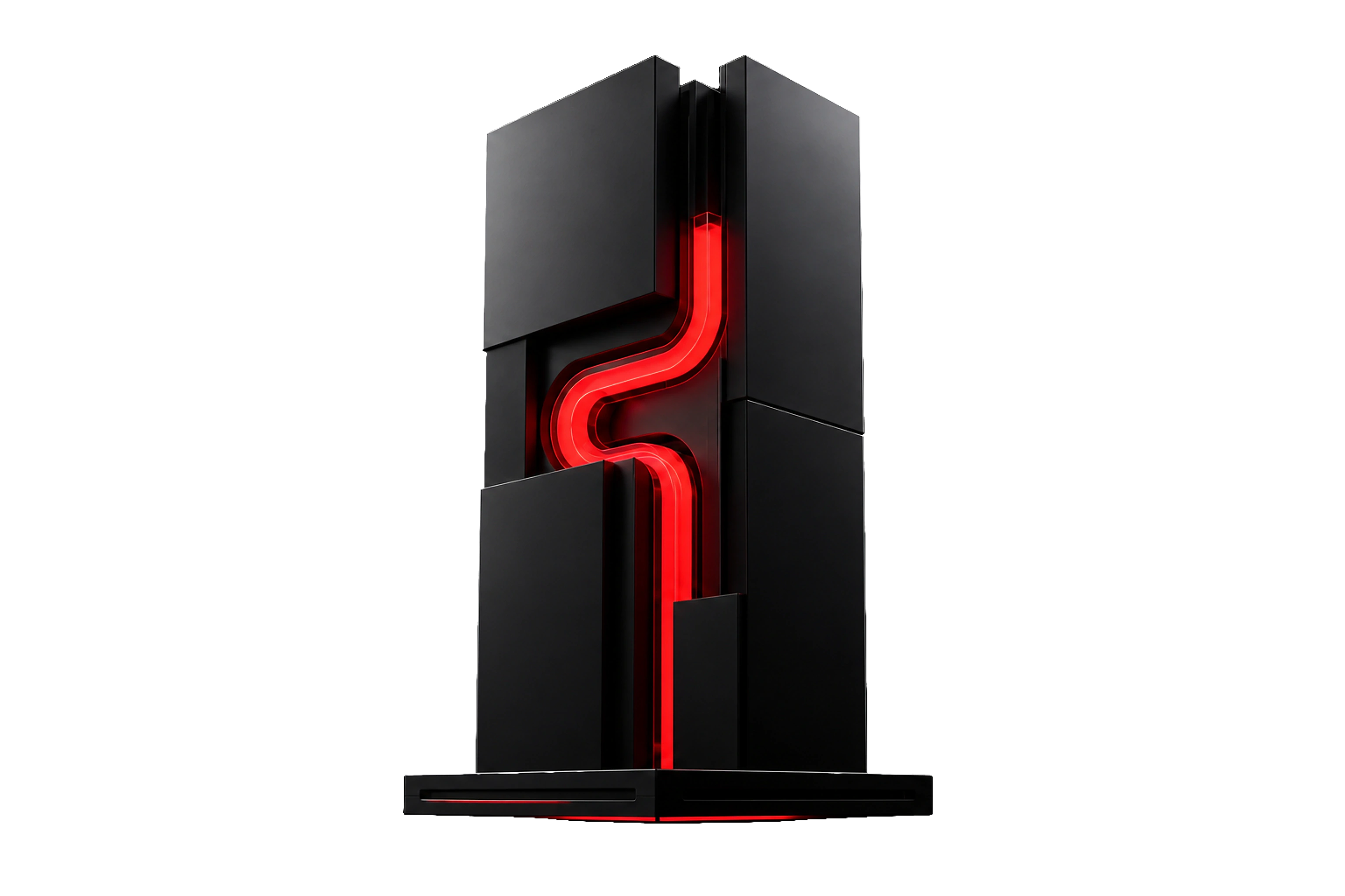 Monolithic dark architectural form built around a precise red illuminated path