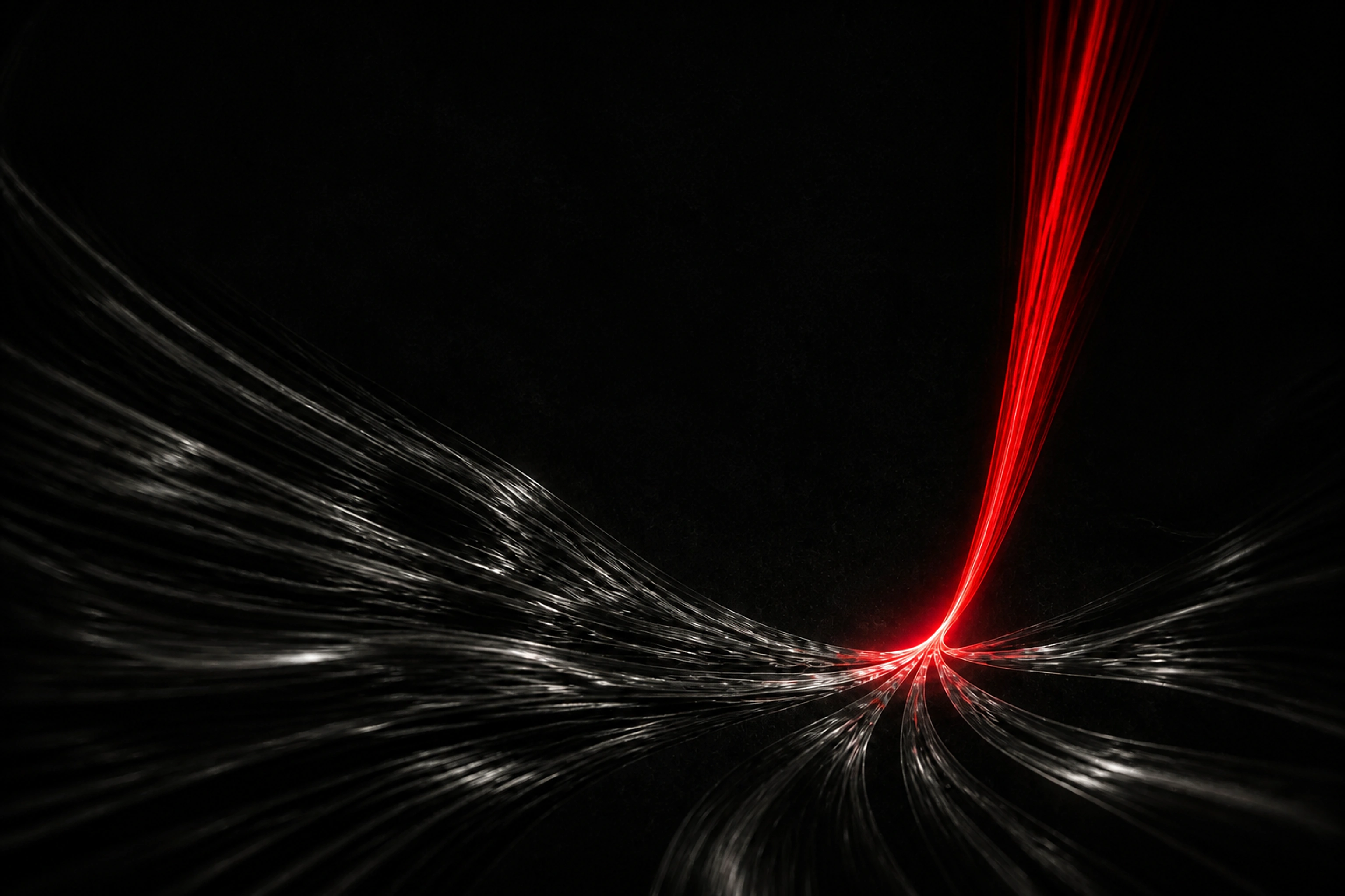Dark material streams converging into one precise red signal