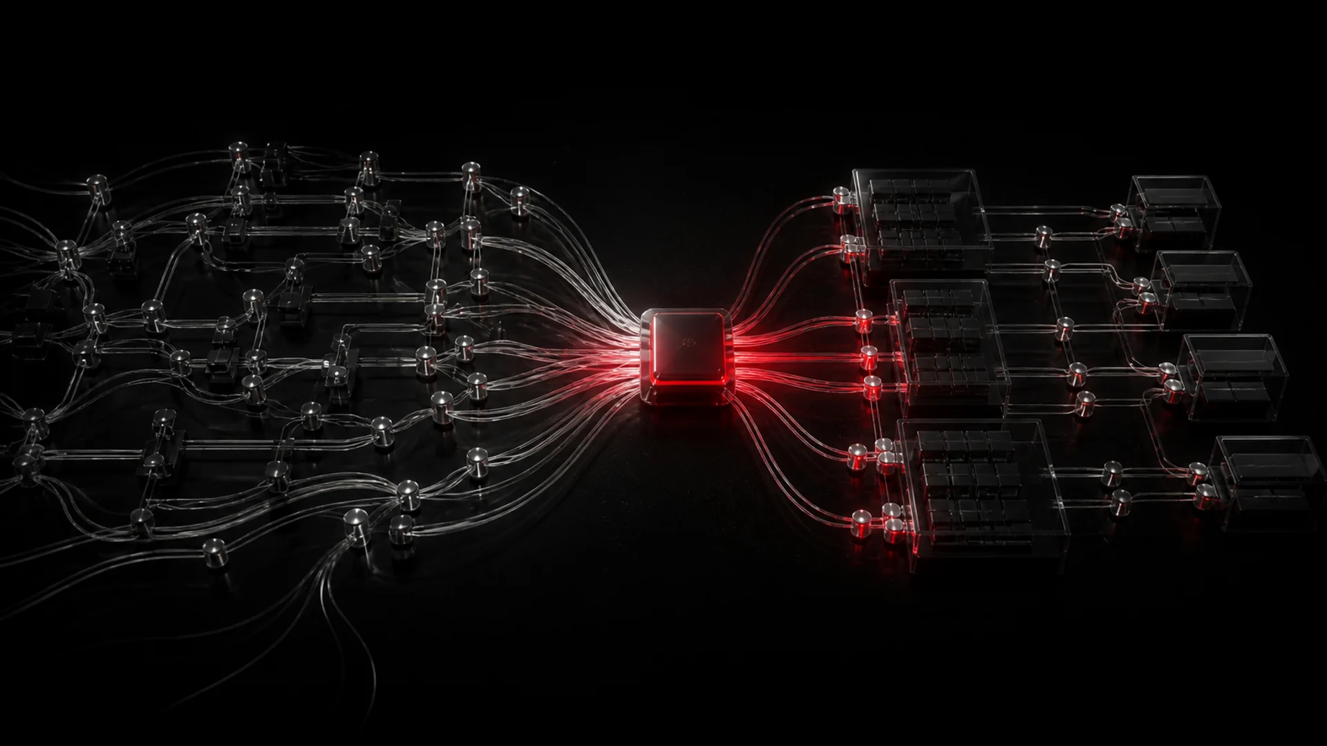 Graphite KNX signal paths translated through a red core into a structured Control4 model