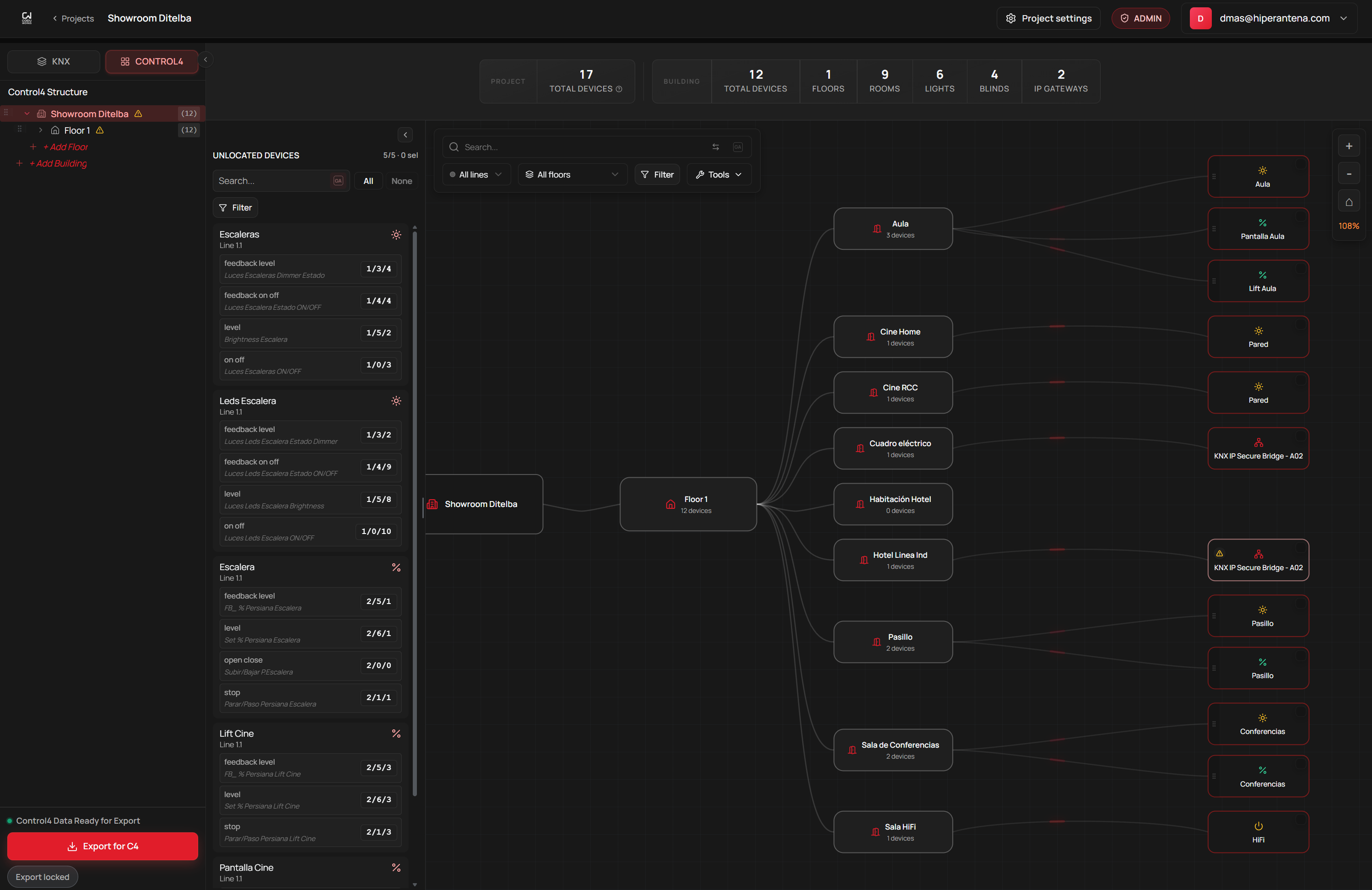 CoduWorks KNX to Control4 editor showing a real project structure and editable devices